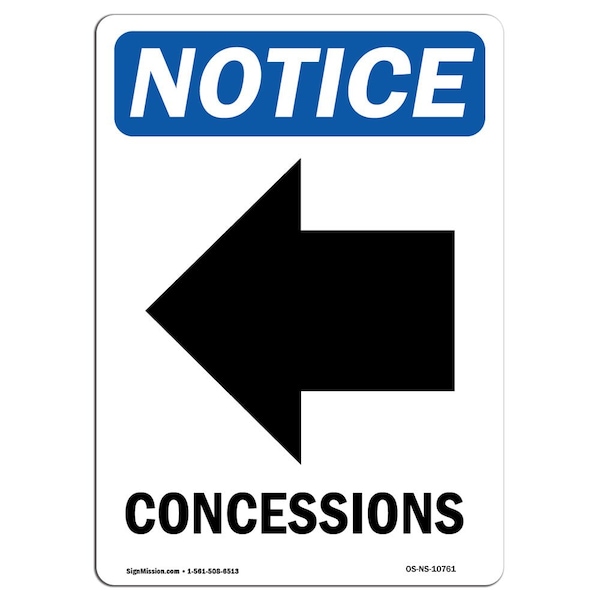 Safety Sign, OSHA Notice, 24" Height, Aluminum, Concessions (Left Arrow) Sign With Symbol, Portrait